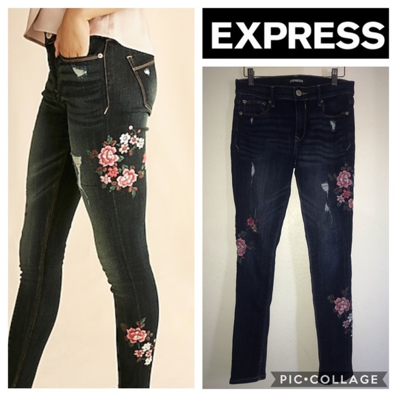 Express Denim - Mid Rise Floral Embroidered Dark Jean Leggings